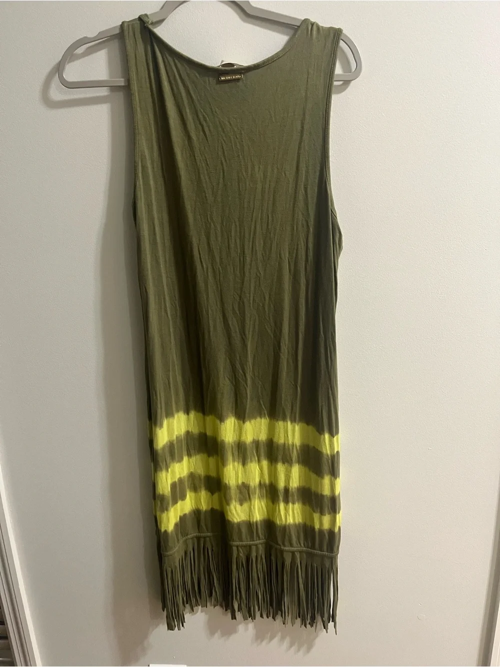 Michael Kors Olive Green Fringe Tank Dress with Yellow Stripes